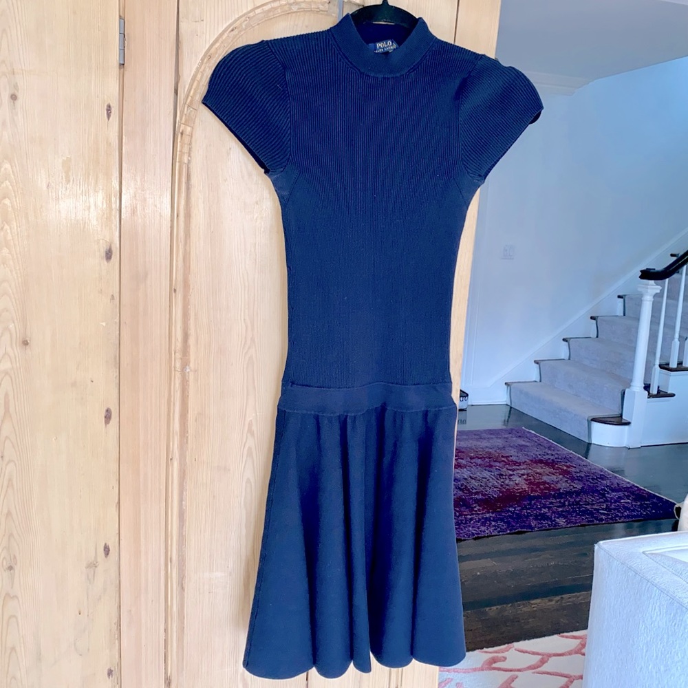 Navy Blue Polo Ralph Lauren Crewneck Drop Waist Ribbed Knit Dress Extra Small